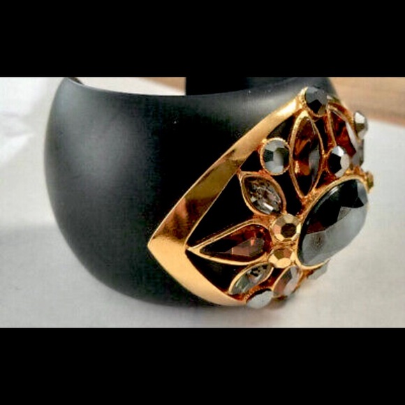 NEW VINTAGE! JOSE MARIA BARRERA BLACK Crystal GOLD WOOD BRACELET BANGLE - Picture 3 of 7